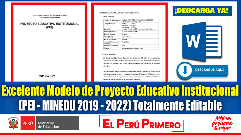 IMPORTANTE: Excelente Modelo de Proyecto Educativo Institucional (PEI –  MINEDU 2019 -2022 ) Totalmente Editable [Descarga aquí] – Somos Docentes