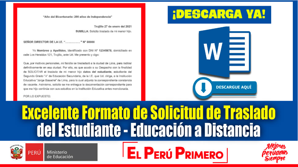 IMPORTANTE: Excelente Formato de Solicitud de Traslado del Estudiante en el  Marco de la Educación a Distancia [Descarga aquí] – Somos Docentes