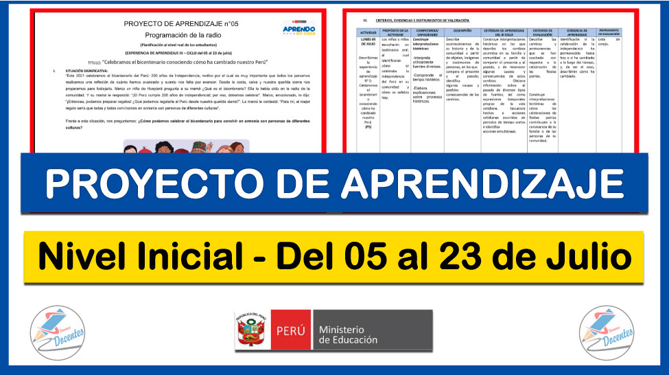 Excelente PROYECTO DE APRENDIZAJE para Nivel Inicial Totalmente Editable  (Del 05 al 23 de Julio de 2021 [Descarga aquí][WORD] – Somos Docentes